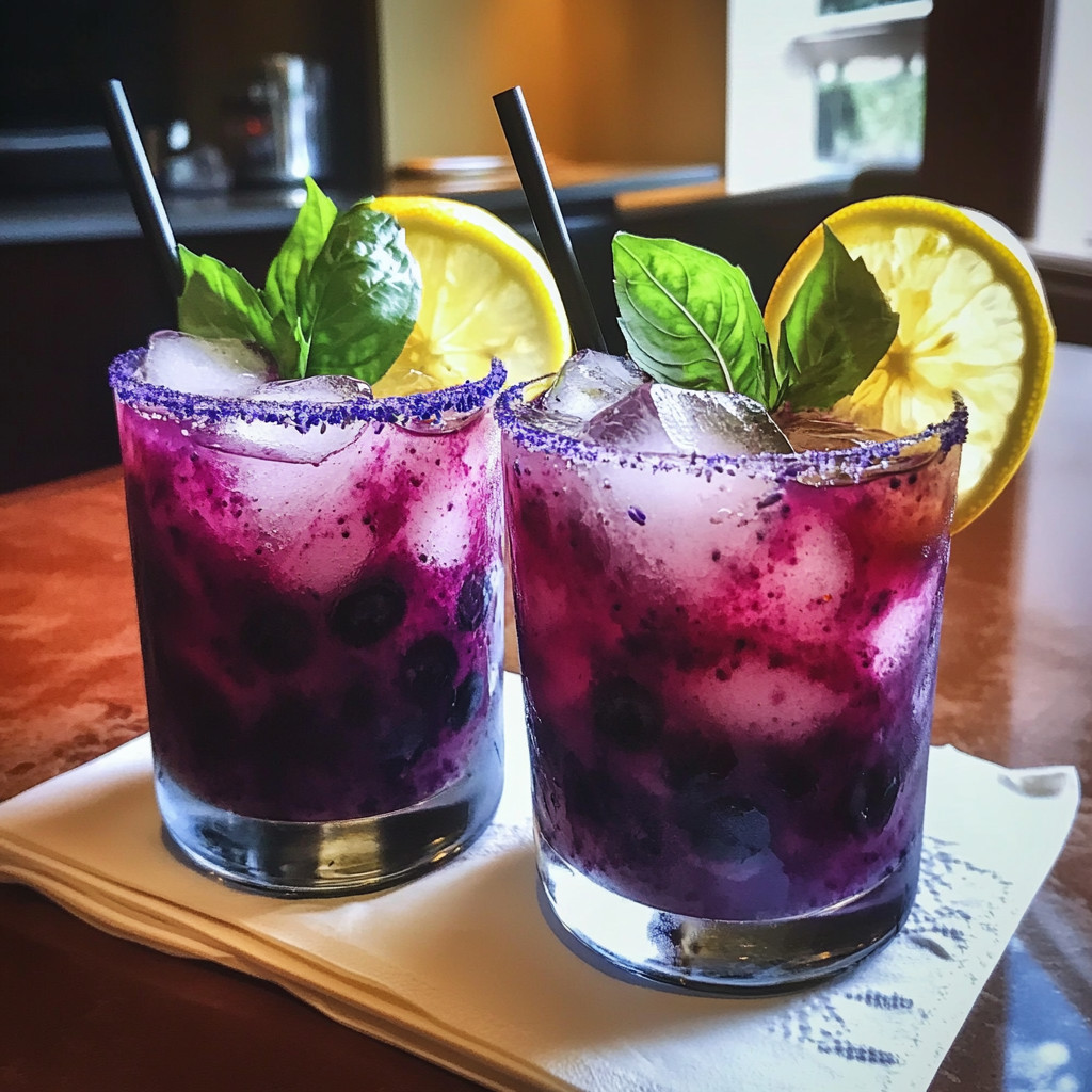 Two glasses of blueberry lemonade.