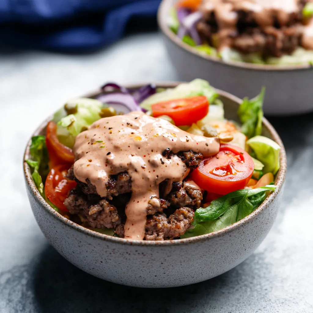 A bowl of salad with meat and dressing.