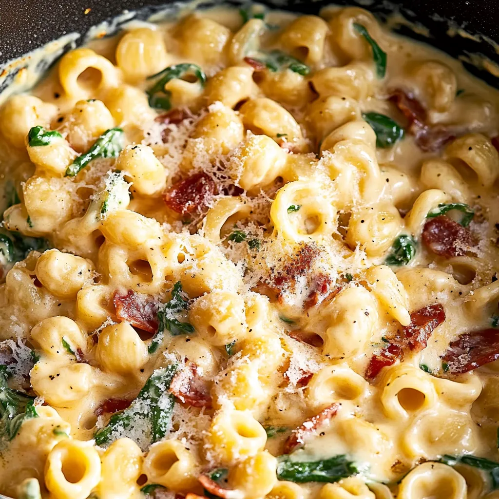 A bowl of pasta with cheese and bacon.