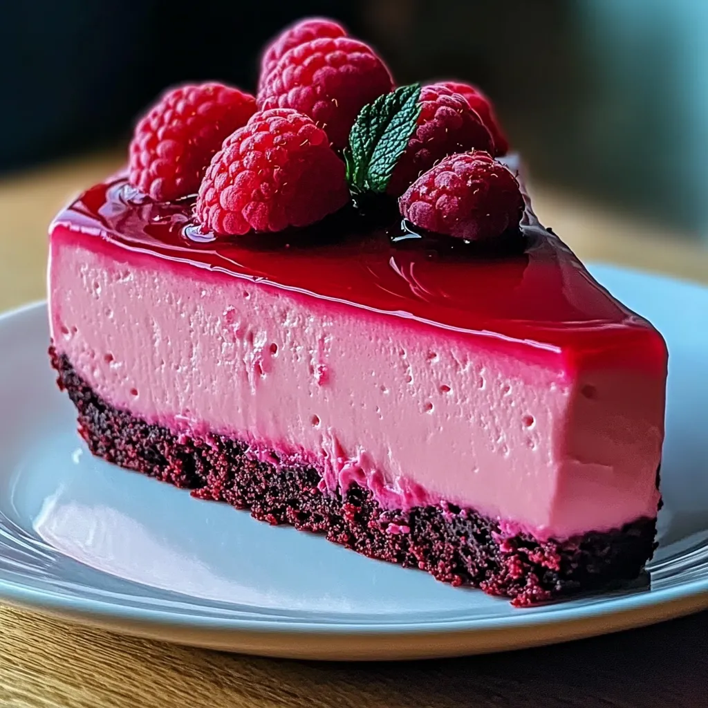 A slice of red velvet cake with raspberries on top.