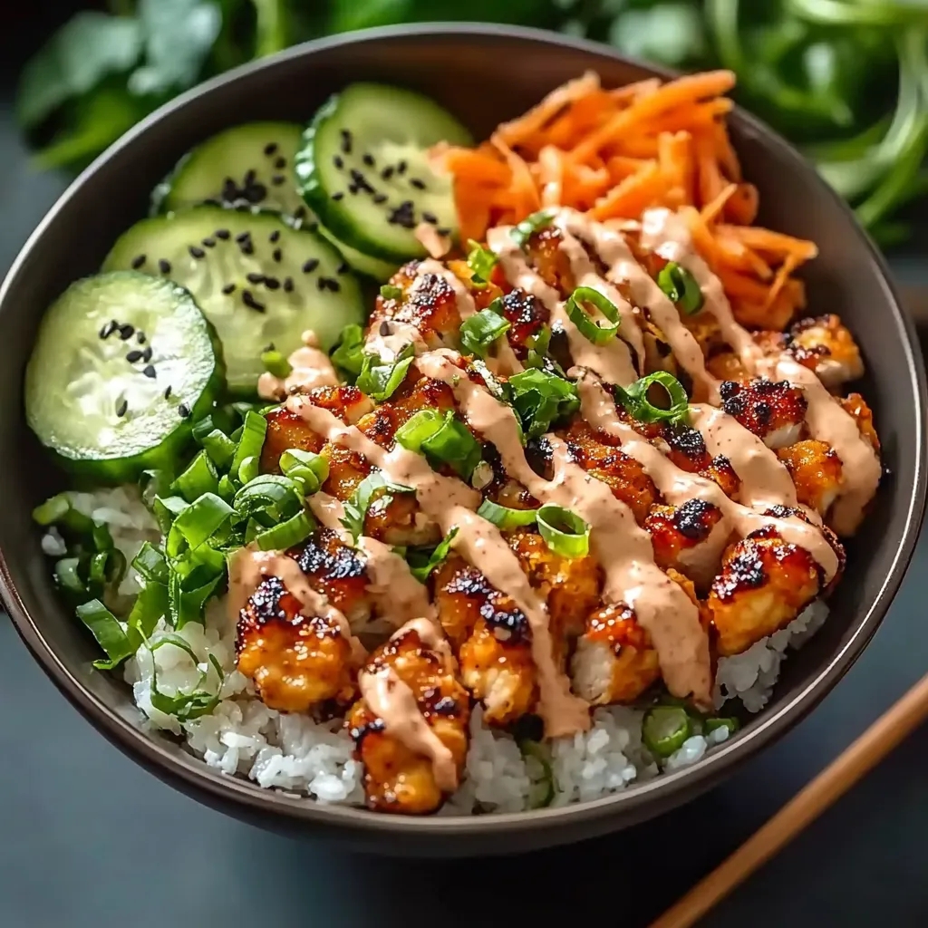 A bowl of food with rice, carrots, cucumbers, and sauce.