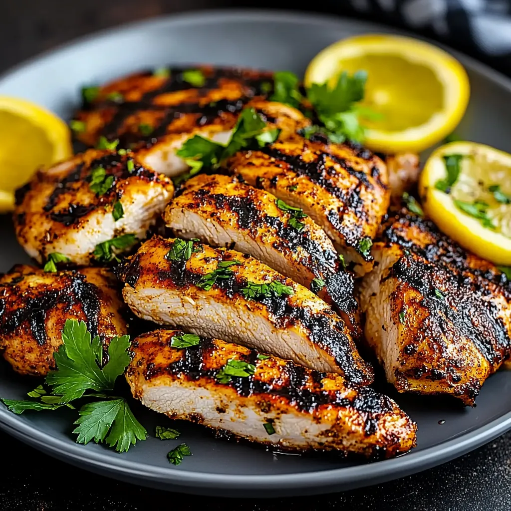 A plate of grilled chicken with lemon wedges on the side.
