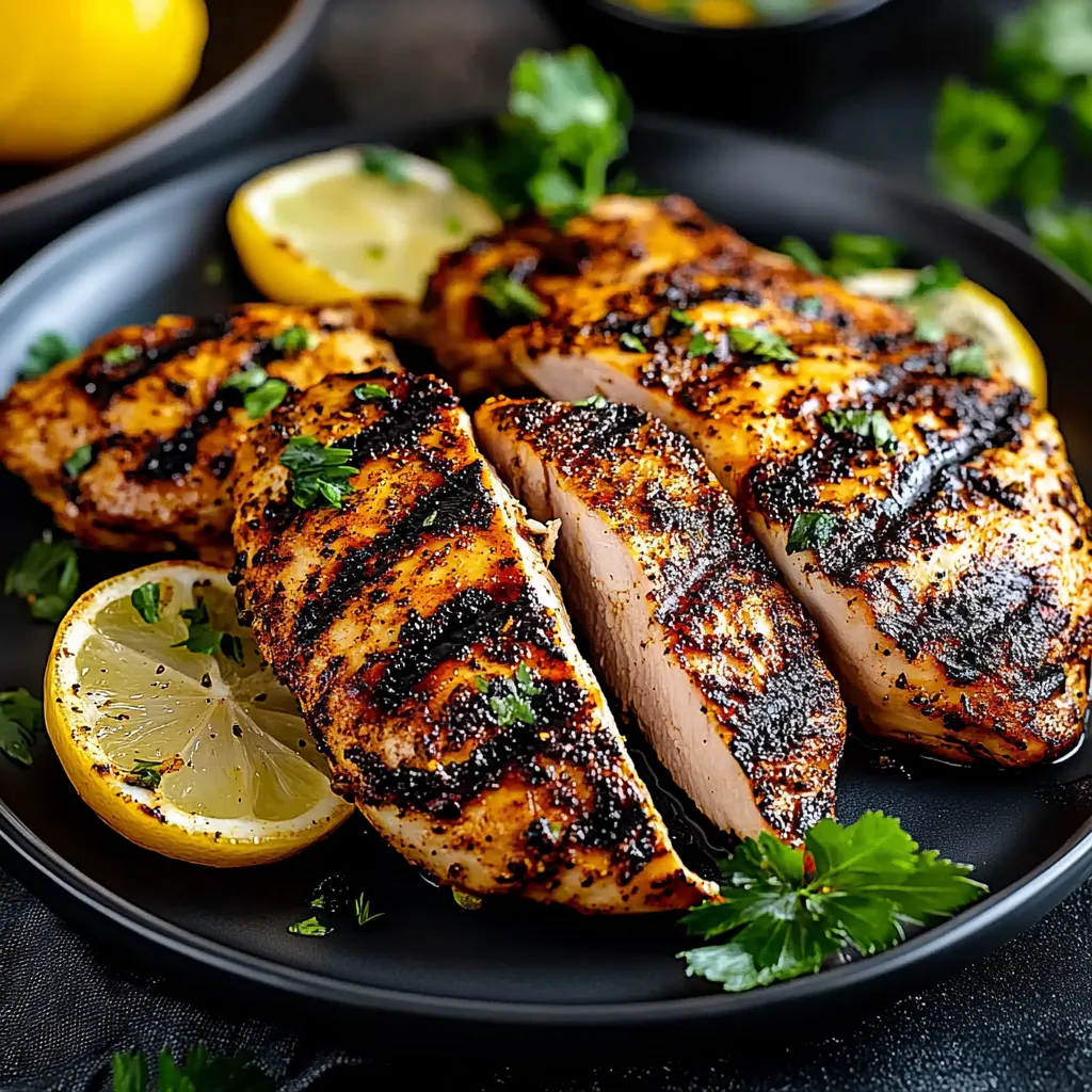 A plate of grilled chicken with lemon wedges.