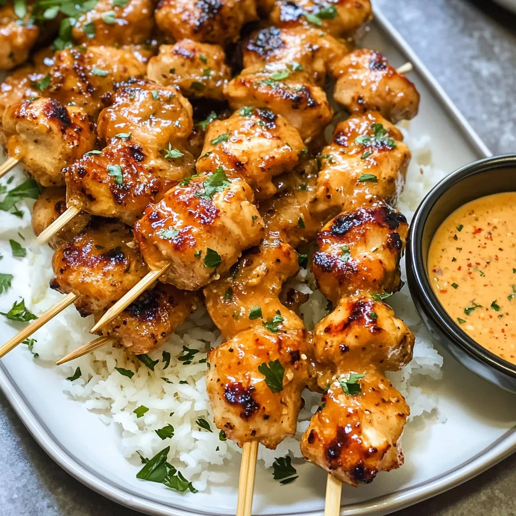 A plate of food with rice and meat on a stick.