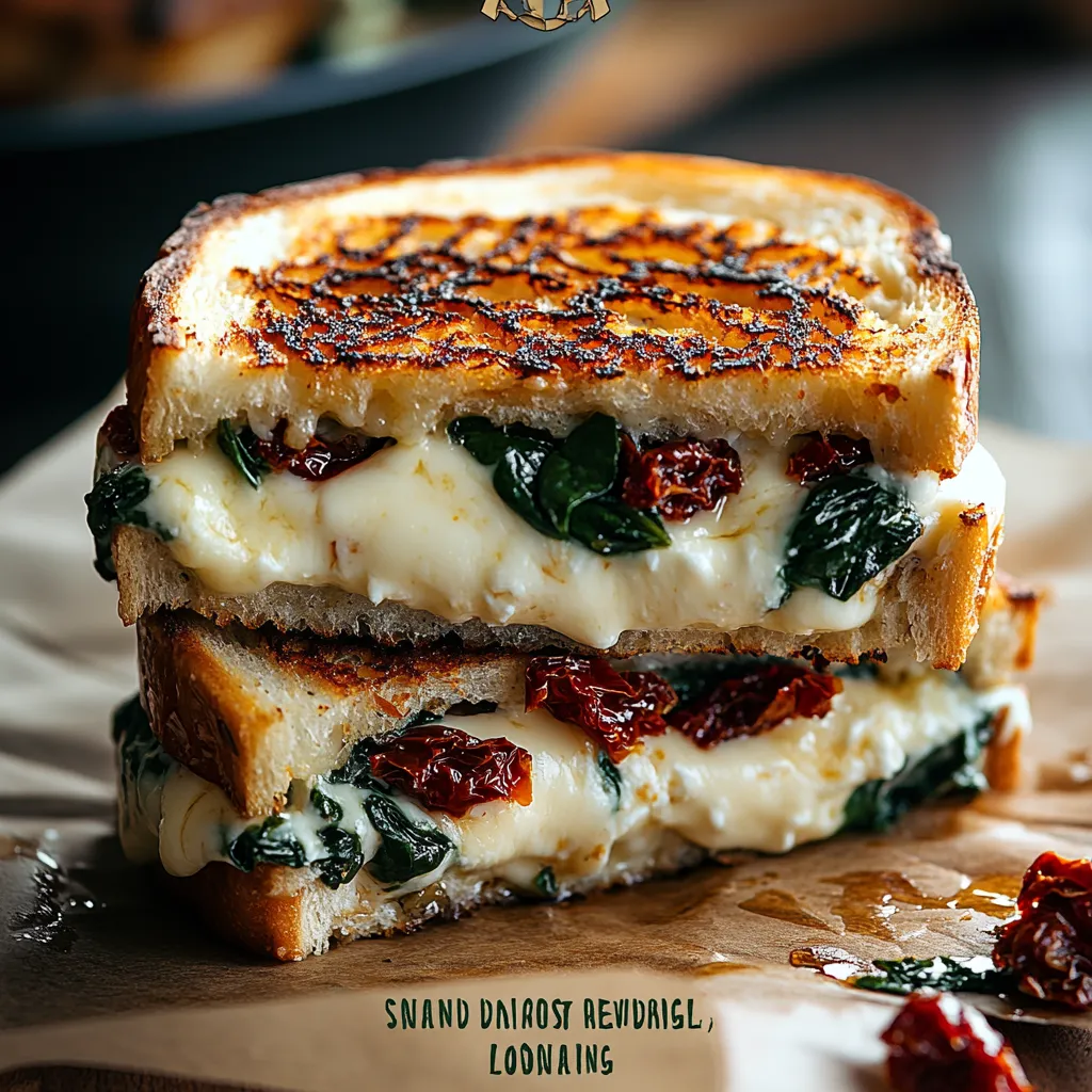 A sandwich with cheese and spinach on a bun.