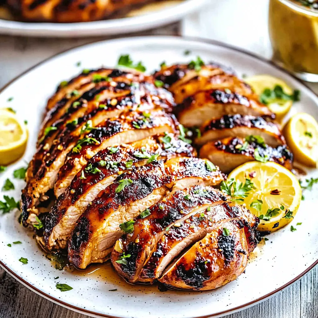 A plate of chicken with lemon wedges on the side.