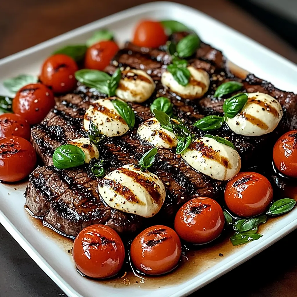 A plate of meat with tomatoes and basil on top.