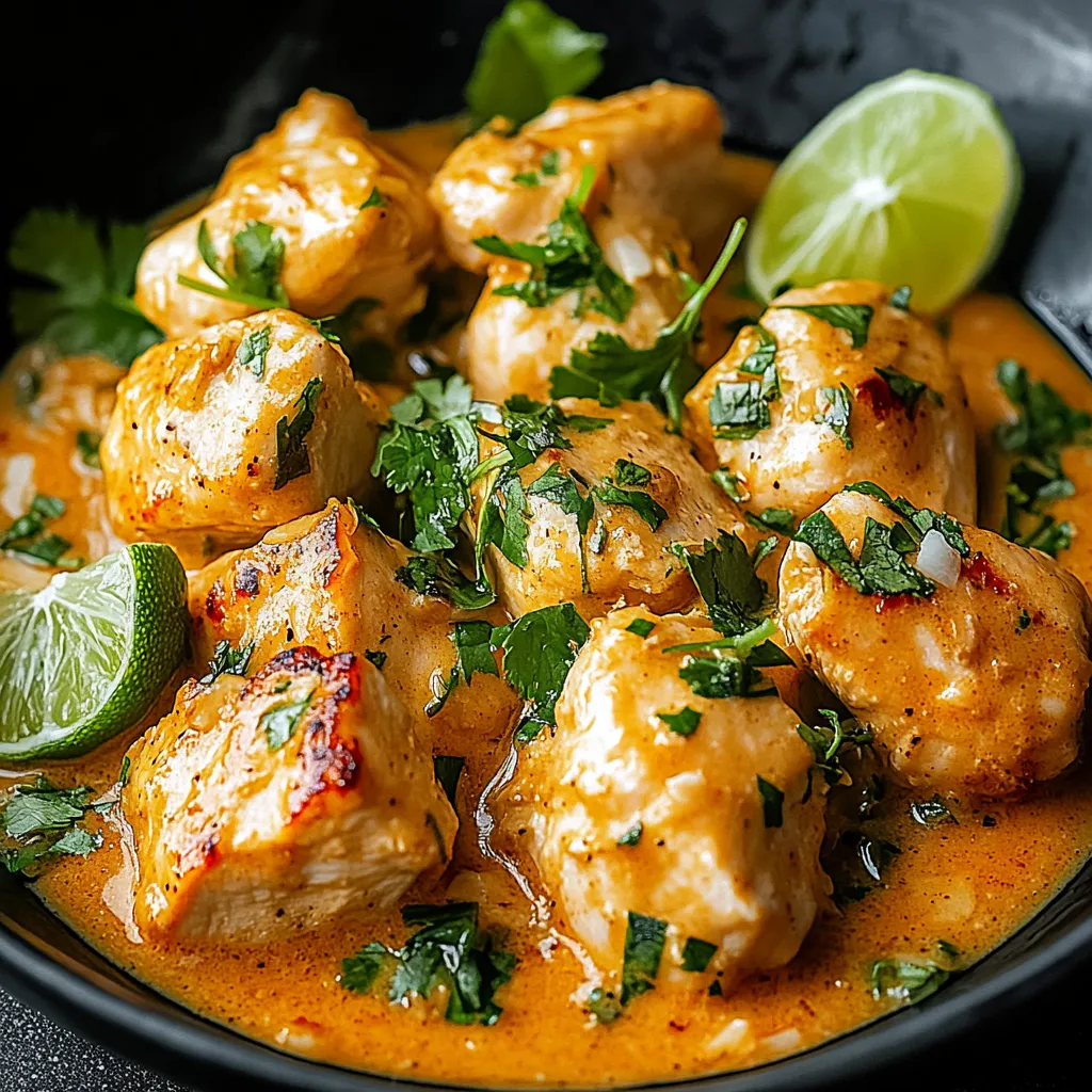 A bowl of chicken with lime and garnish.