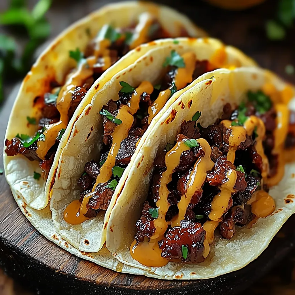 Two tacos with meat and cheese on a wooden table.