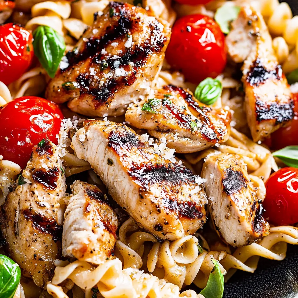 A plate of food with chicken, tomatoes, and pasta.
