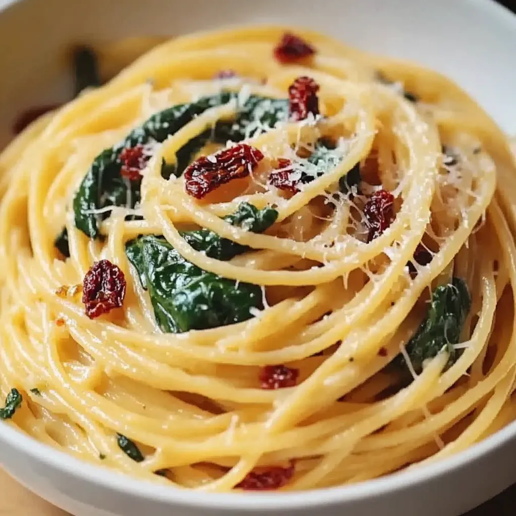 A bowl of pasta with spinach and red peppers.