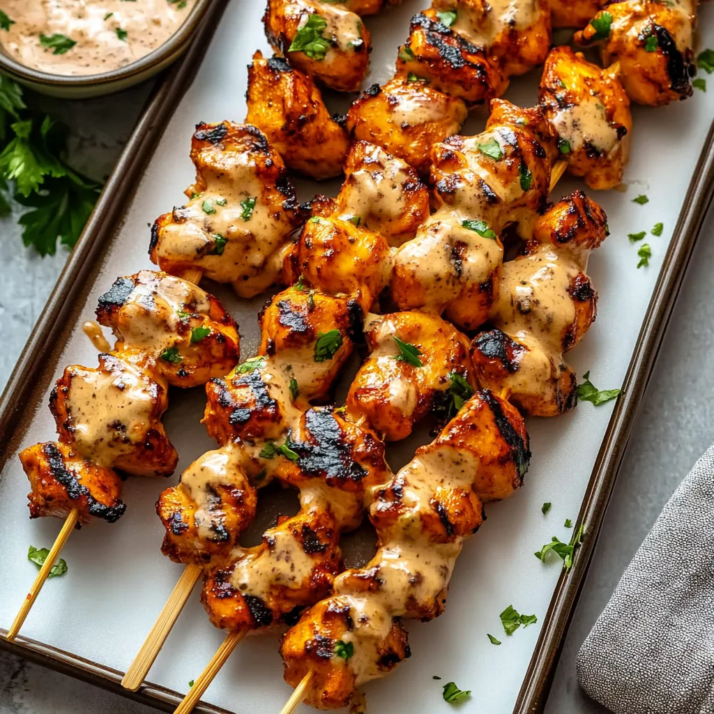 A tray of kebab with sauce and a bowl of sauce.
