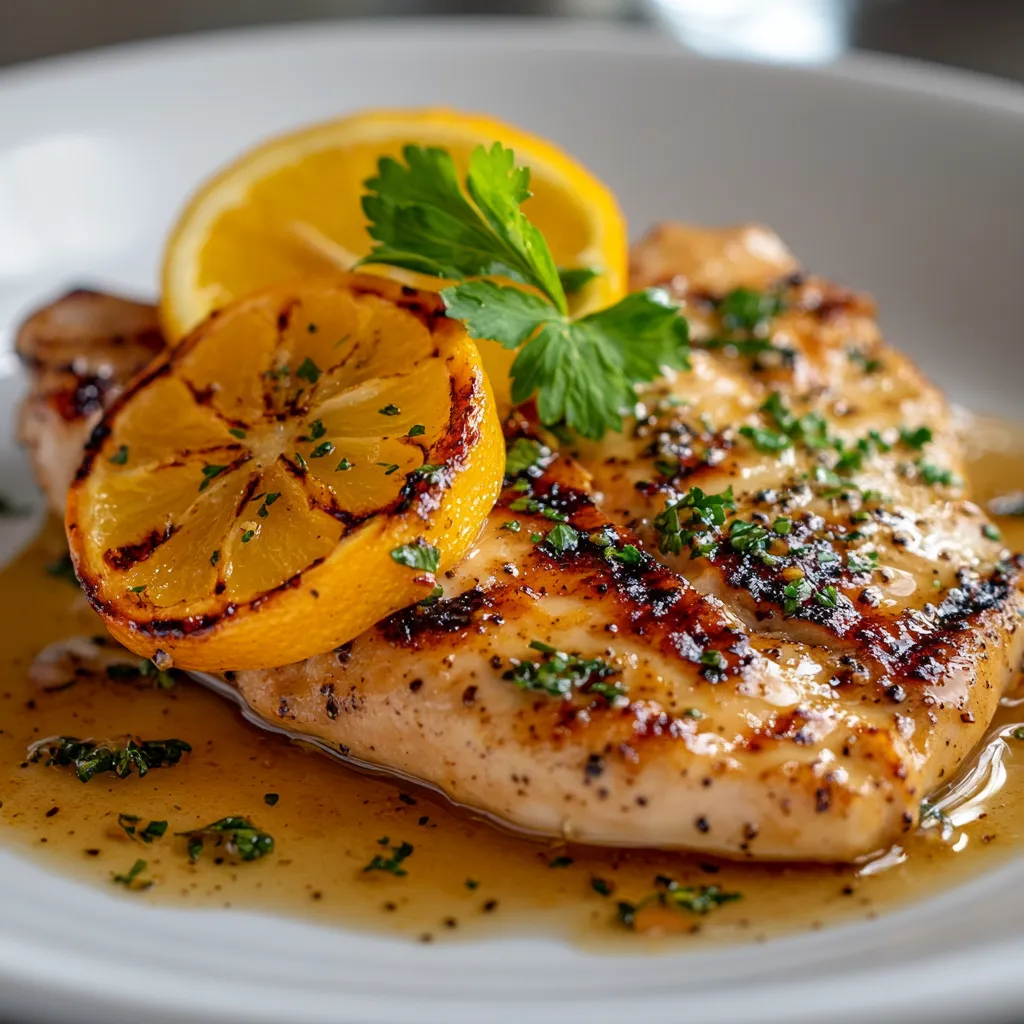 A plate of food with a lemon and a sprig of parsley.