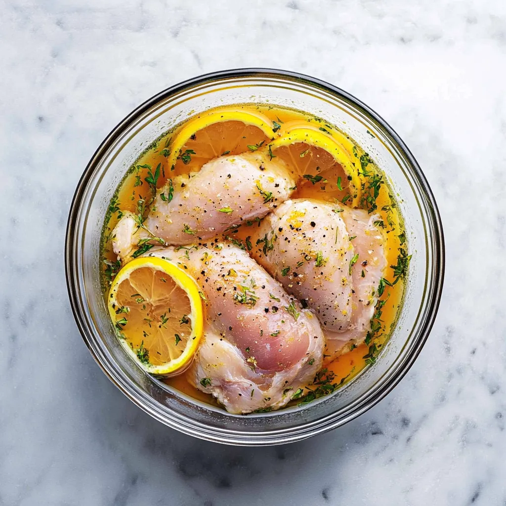 A bowl of chicken with lemon and herbs.