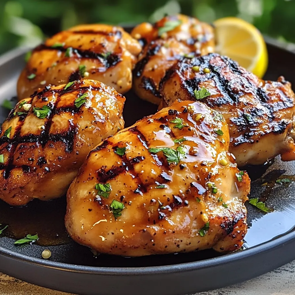 A plate of grilled chicken with lemon wedges.
