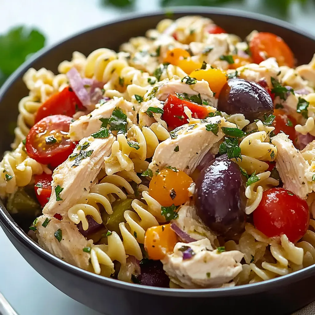 A bowl of pasta with chicken and vegetables.