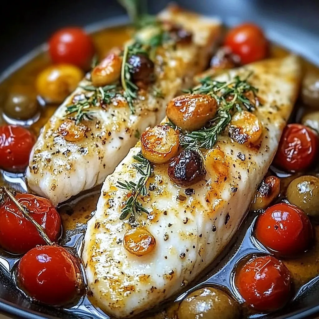 A plate of fish with tomatoes and olives.