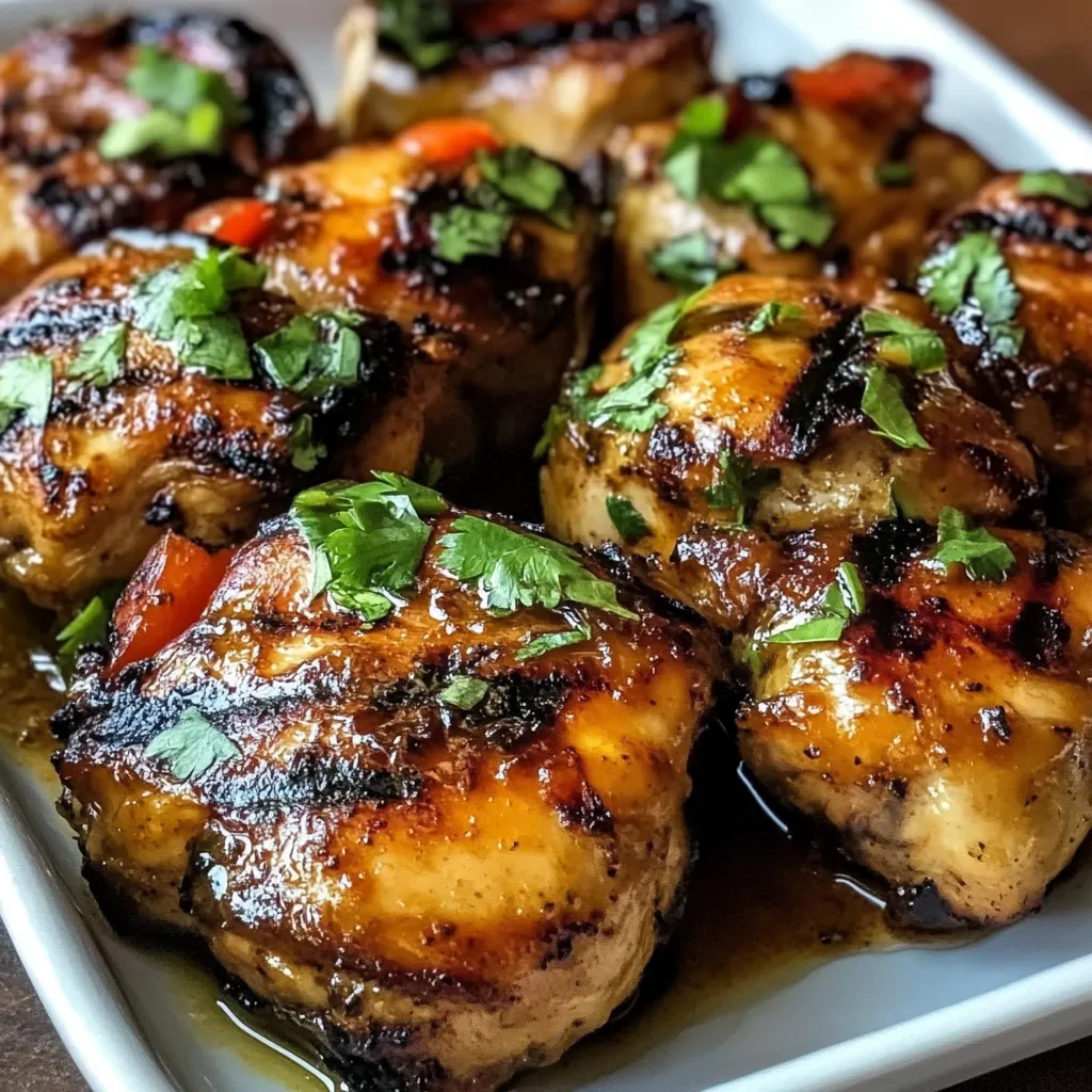 A plate of grilled chicken with green herbs.