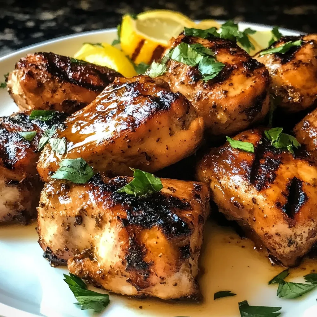 Chicken with lemon and herbs on a plate.