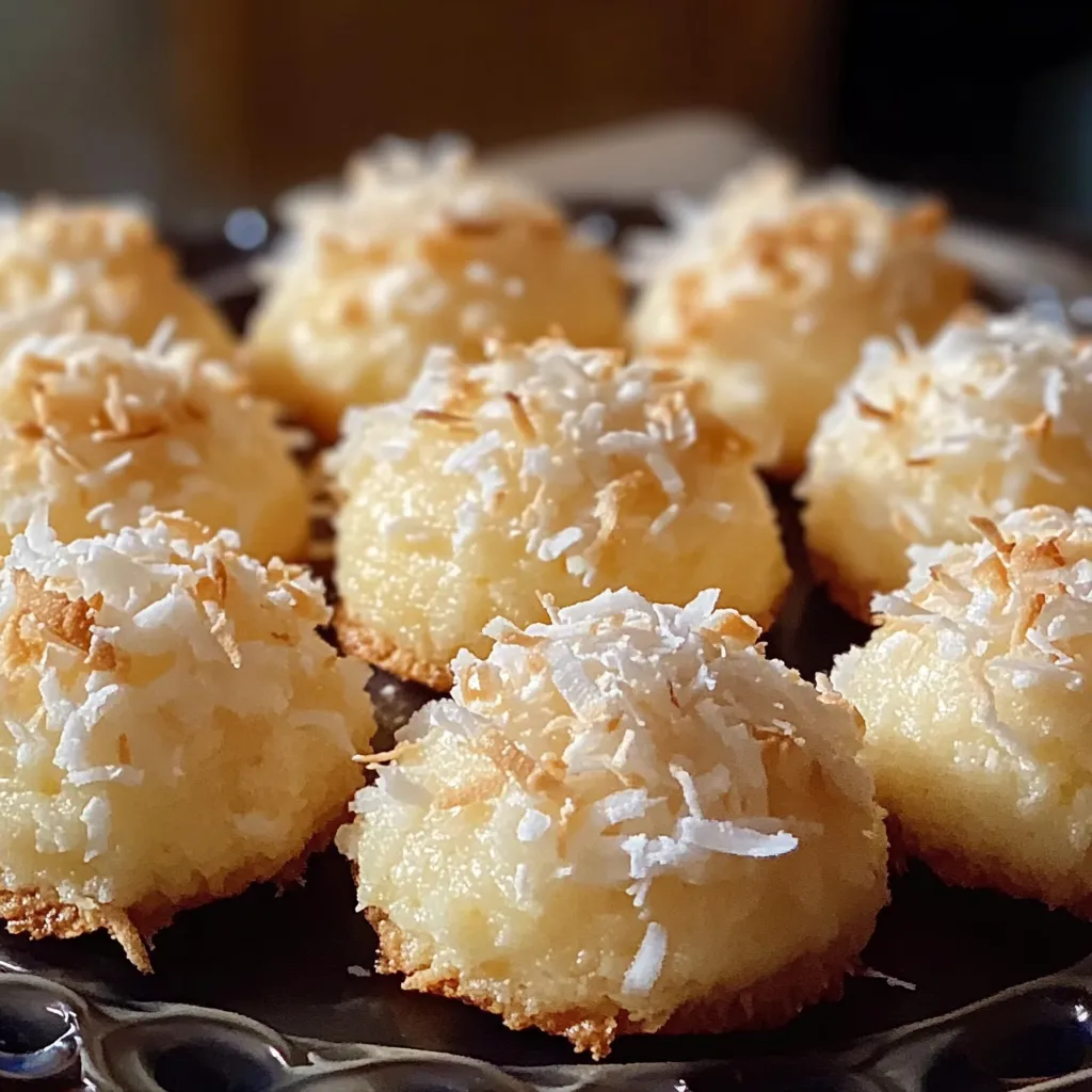 A plate of coconut covered cookies.