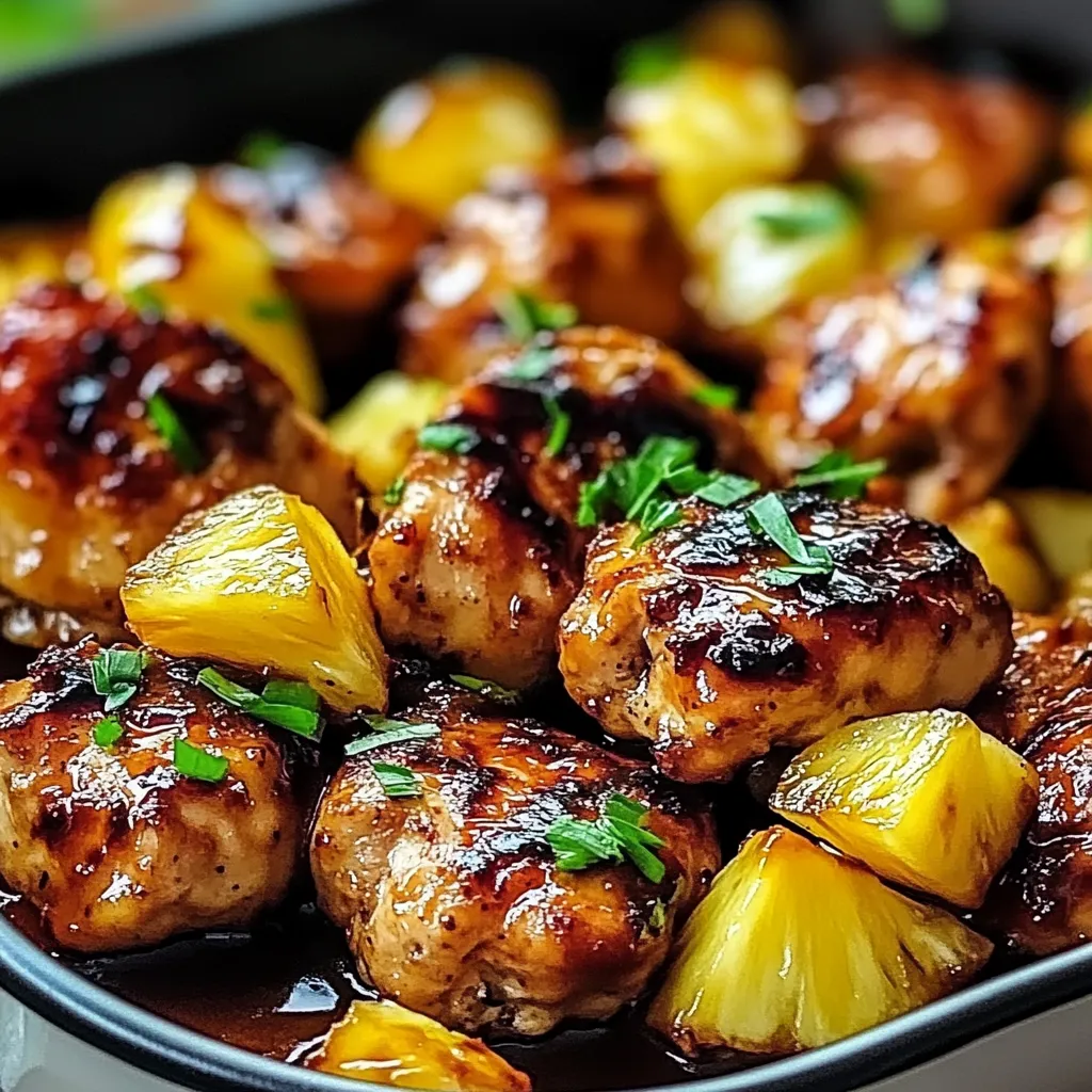 A dish of meat and pineapple.