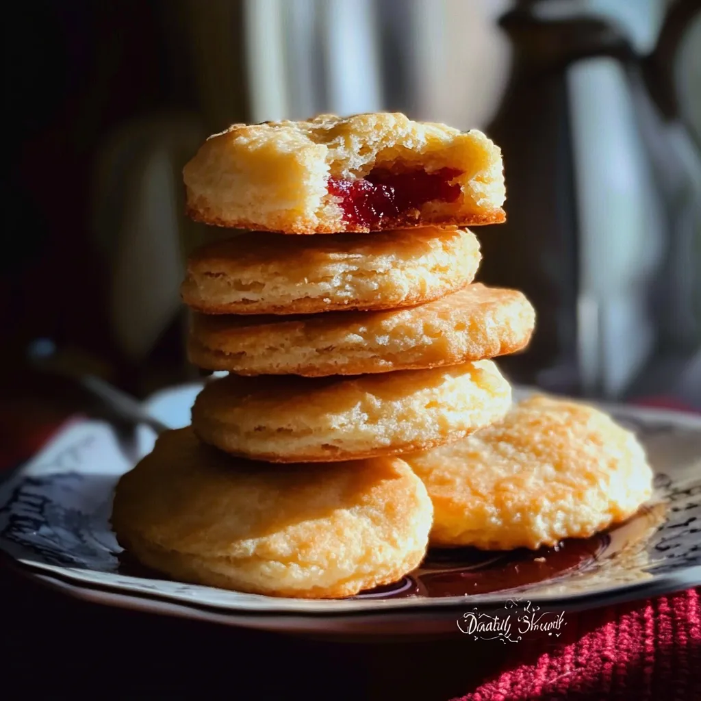 A stack of biscuits with jelly on top.