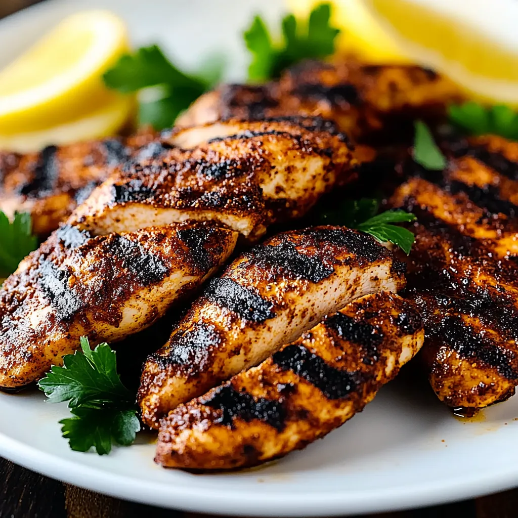 A plate of grilled chicken with lemon wedges on the side.