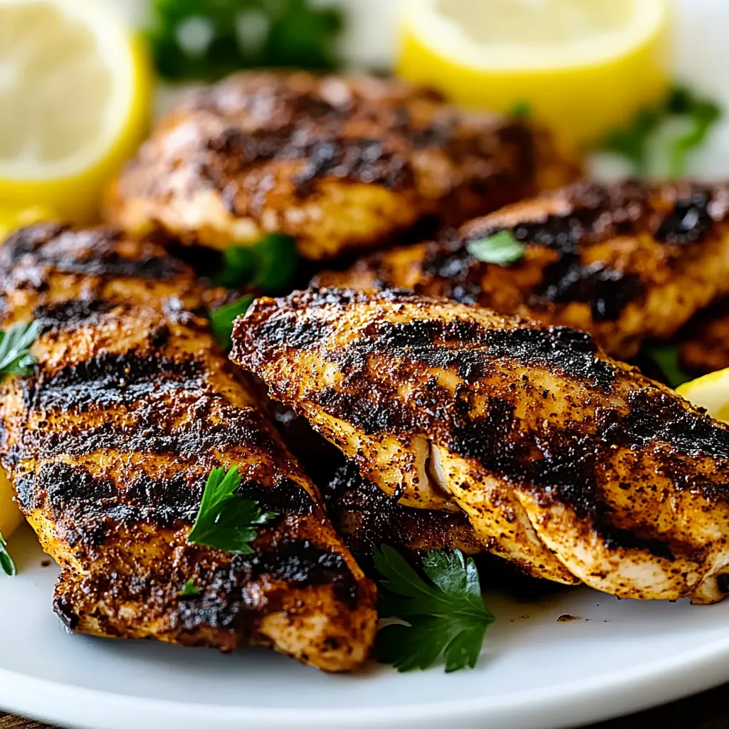 A plate of chicken with lemon wedges on top.