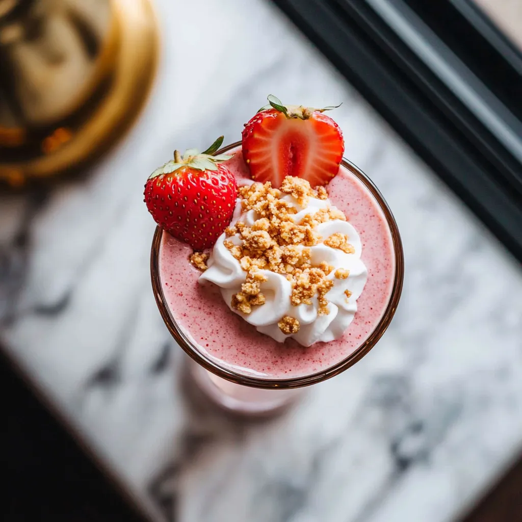 A glass of strawberry milk with whipped cream.
