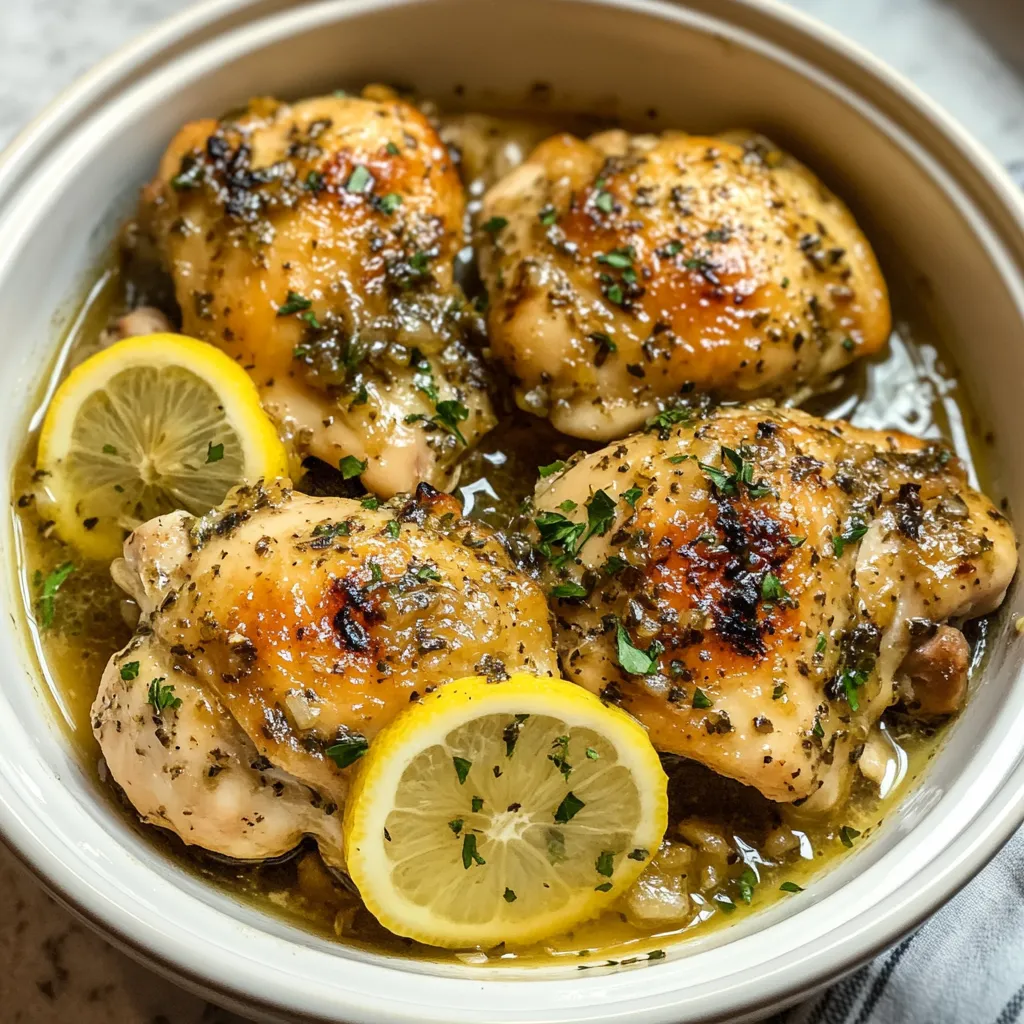 A bowl of chicken with lemon slices.