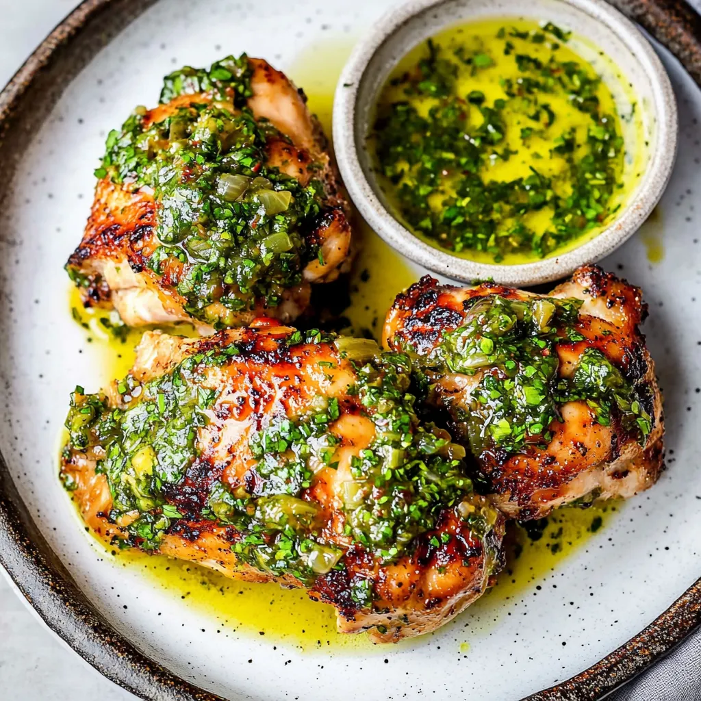 Chicken with green sauce on a plate.