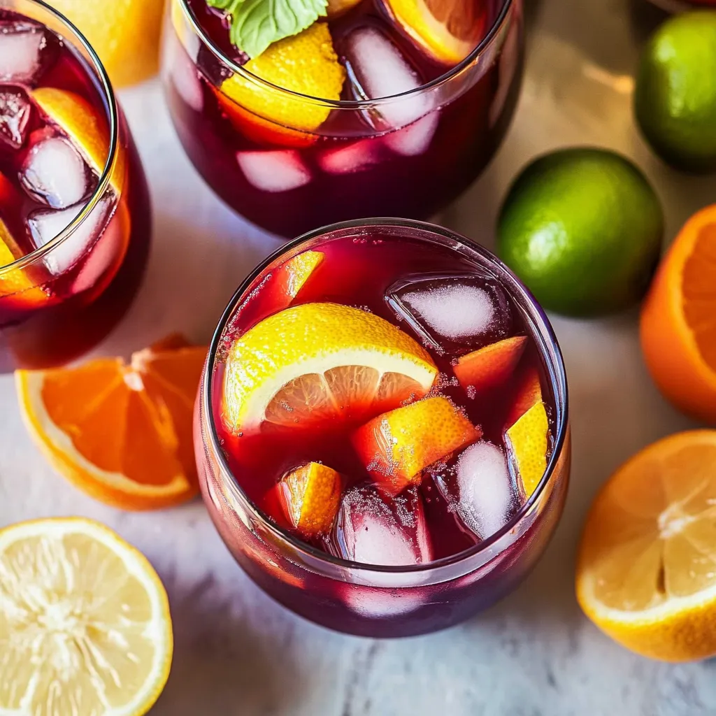 Two glasses of red wine with orange slices in them.