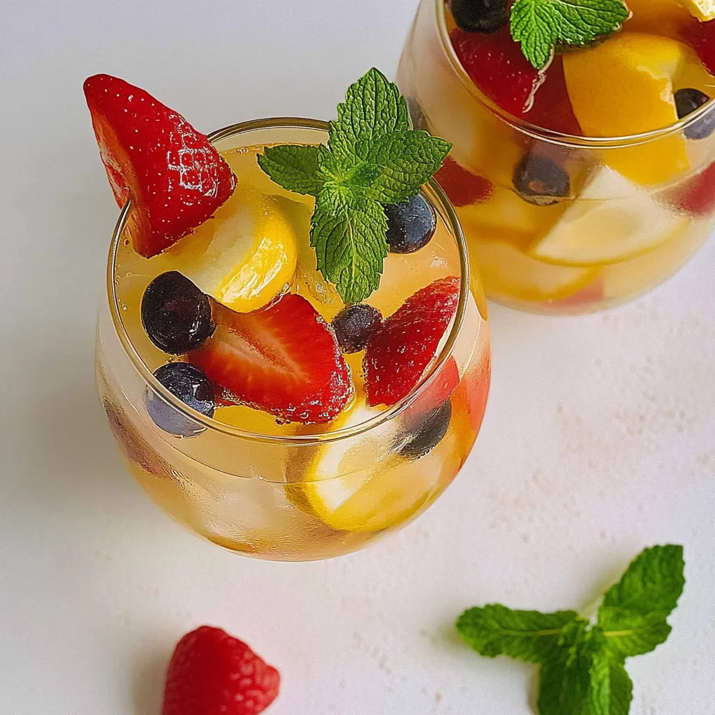 Two glasses of fruit salad with strawberries, blueberries, and mint.