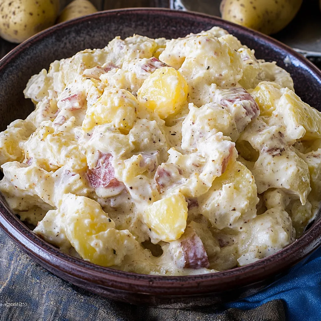 A bowl of food with potatoes and meat.