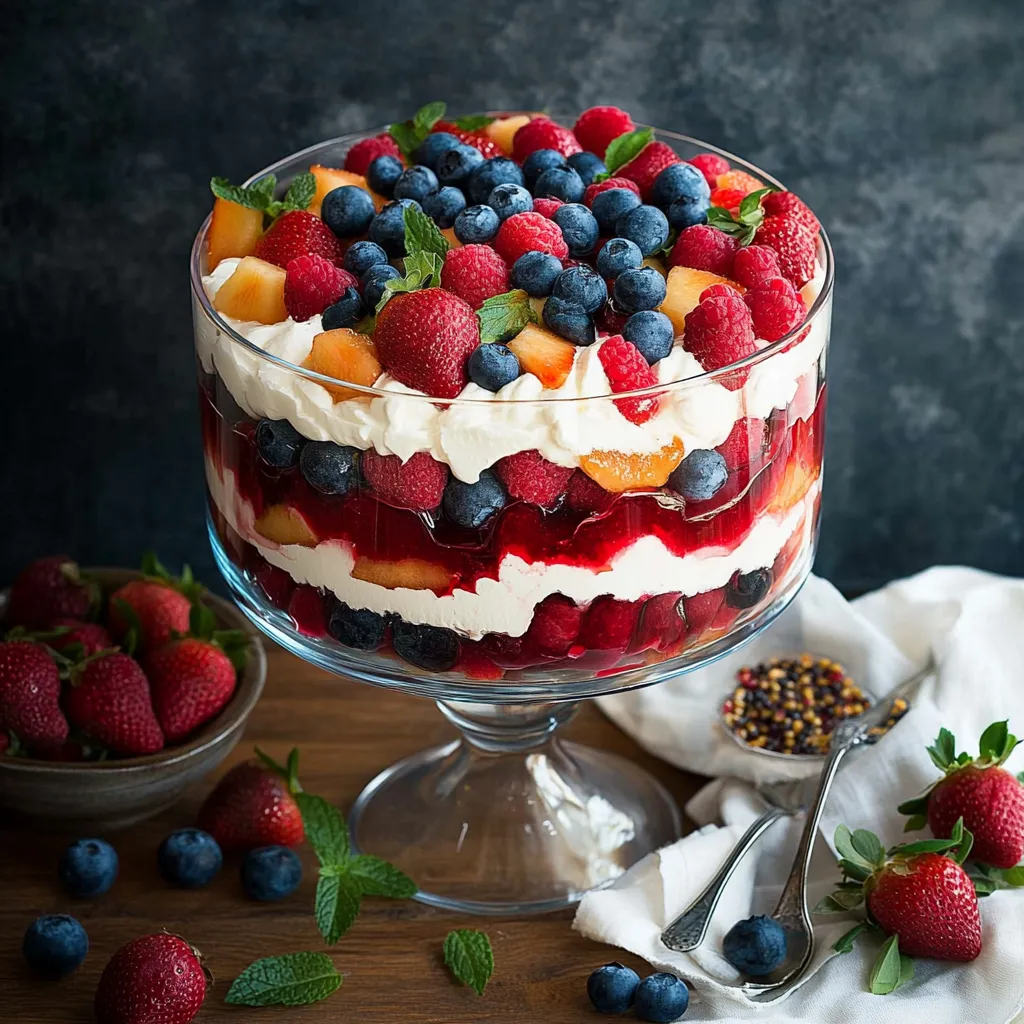 A glass cake with strawberries and blueberries.