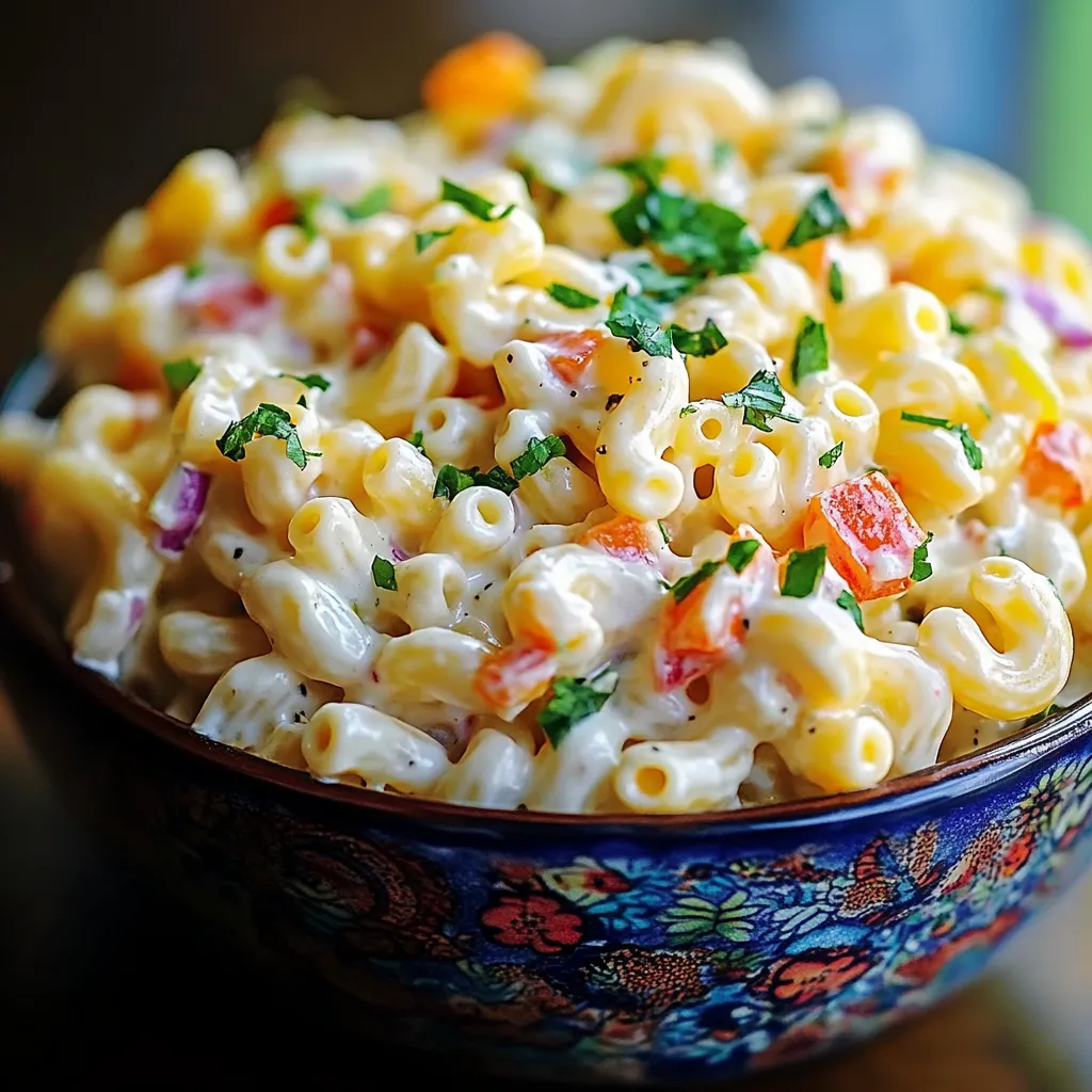 A bowl of macaroni and cheese with green herbs.