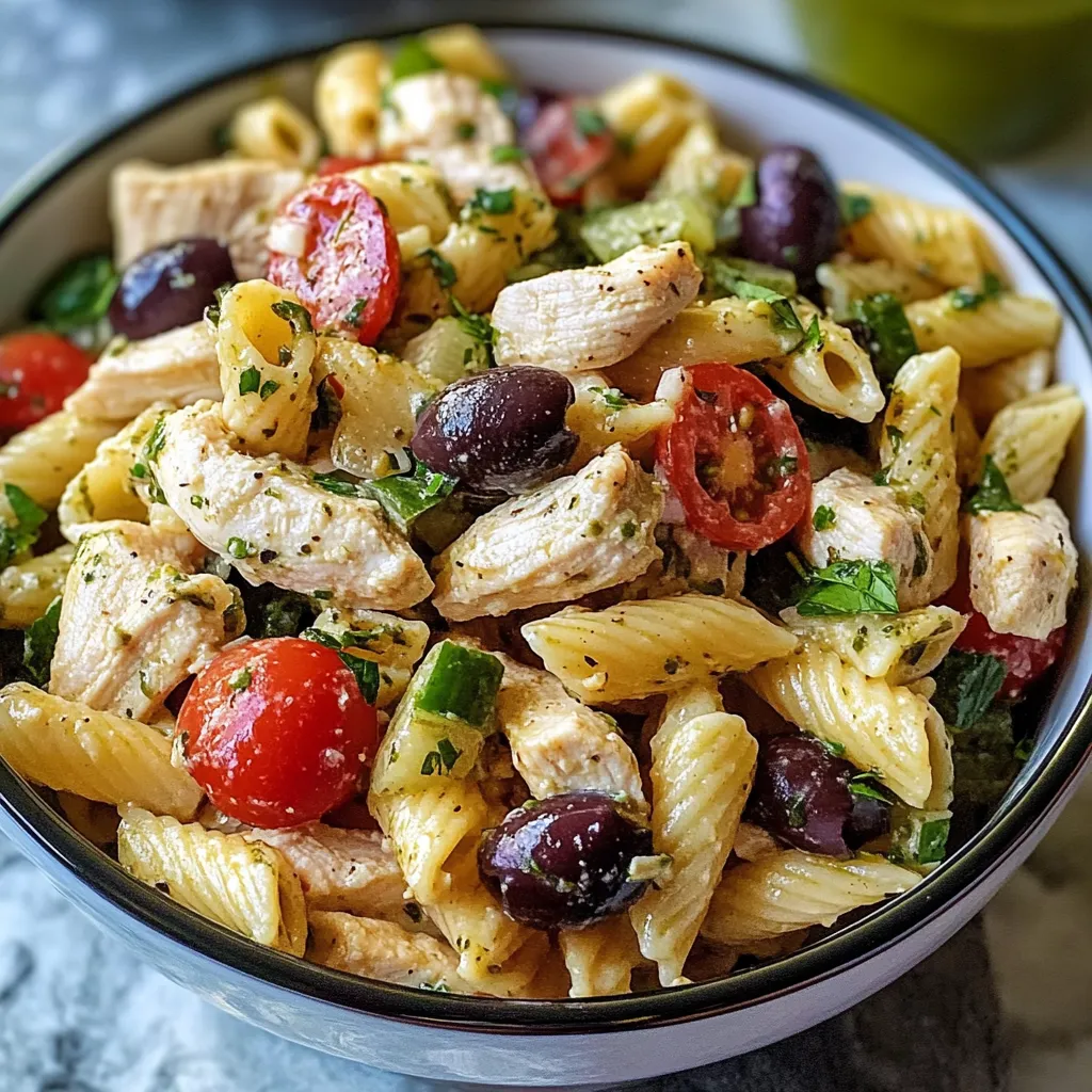 A bowl of pasta with chicken and tomatoes.