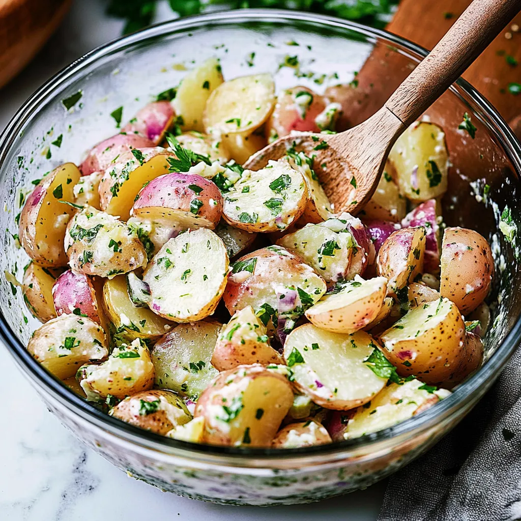 A bowl of potatoes with herbs.