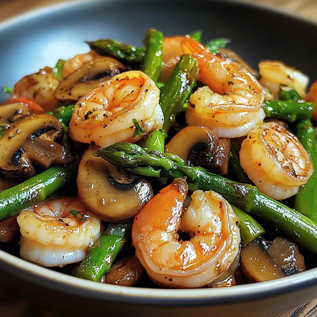 A bowl of shrimp and asparagus.