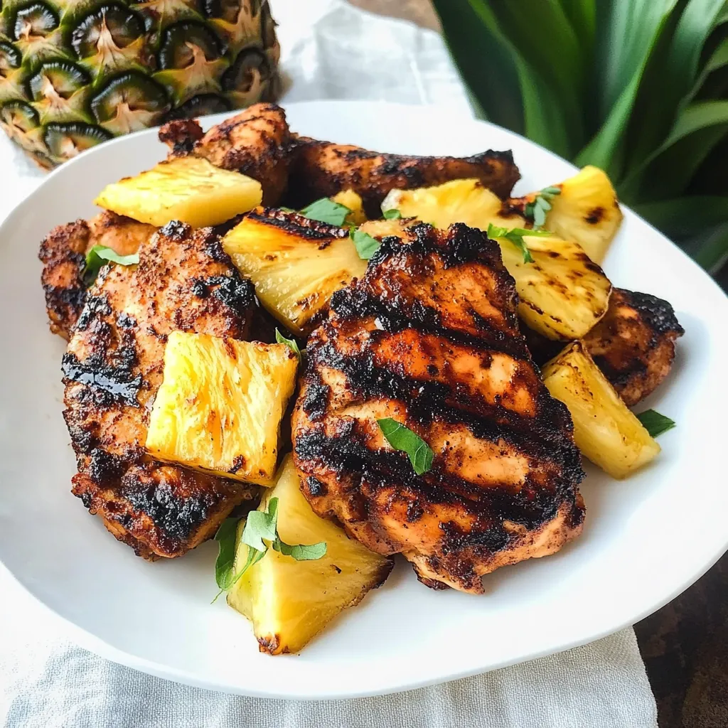 A plate of chicken with pineapple and green onions.