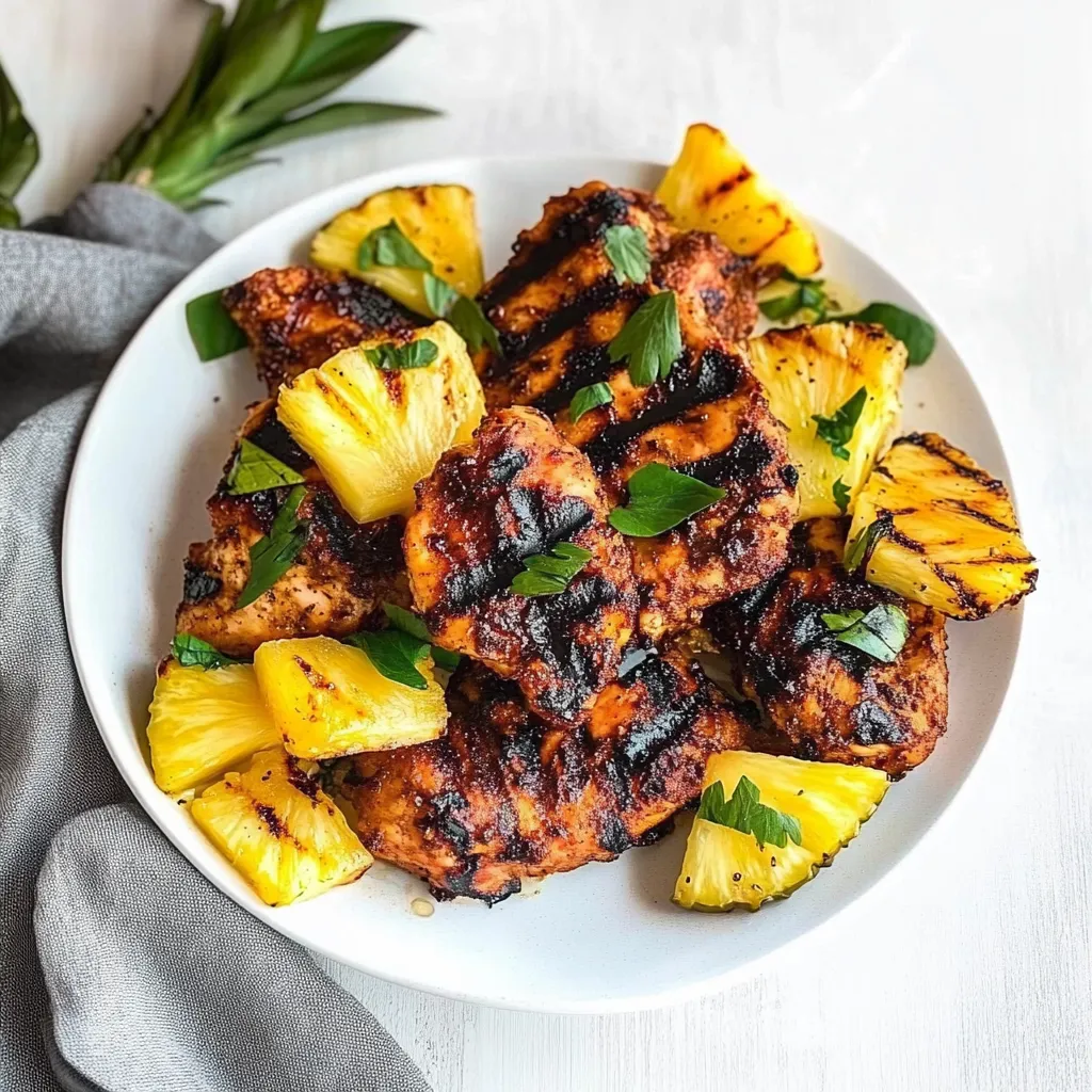 A plate of chicken with pineapple and green leaves.