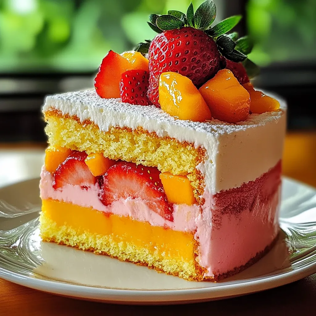 A slice of cake with strawberries and orange slices.