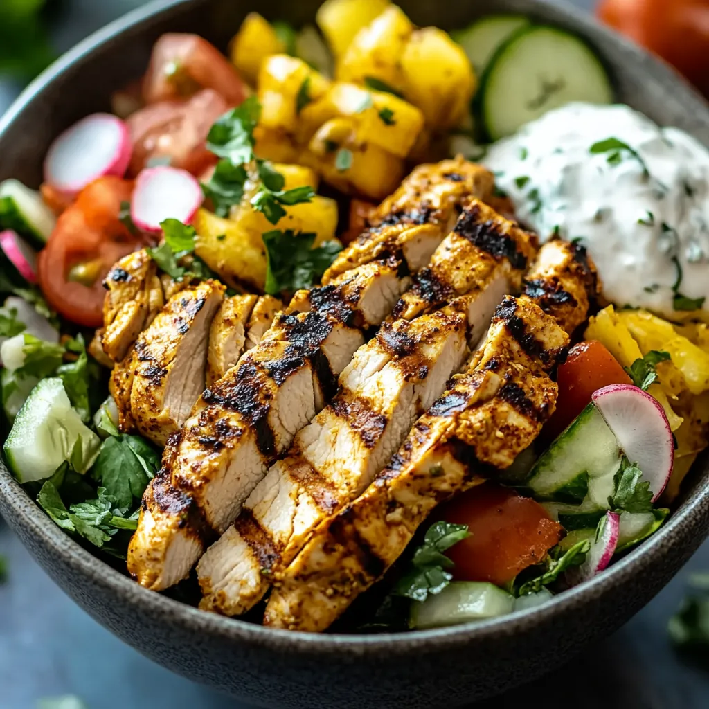 A bowl of food with chicken, tomatoes, cucumbers, and other vegetables.
