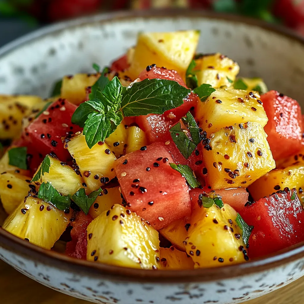 A bowl of fruit with watermelon, pineapple, and other fruits.