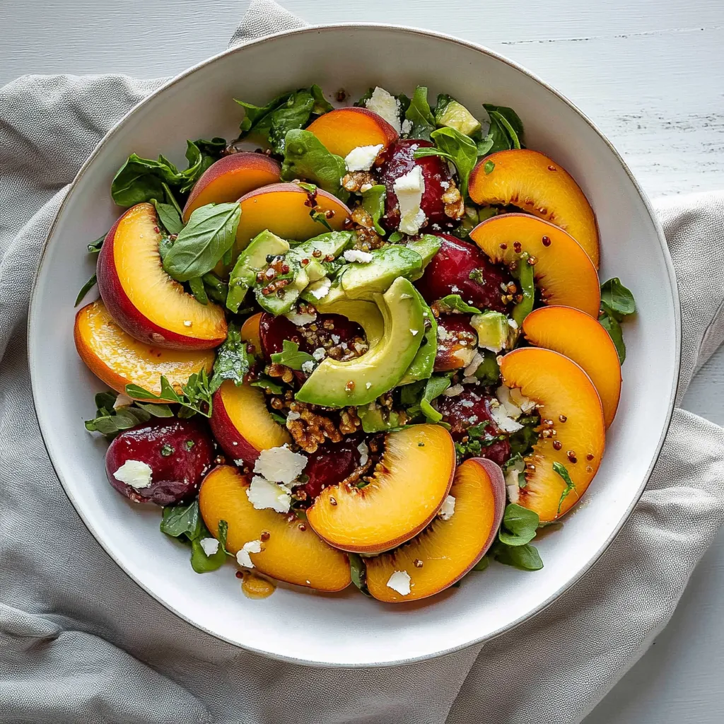 A bowl of fruit with peaches, avocado, and greens.