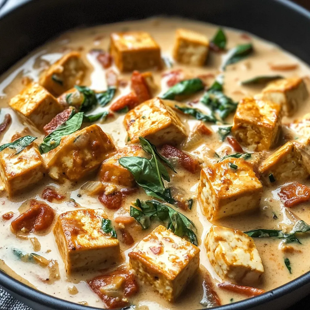 A bowl of food with tofu and greens.