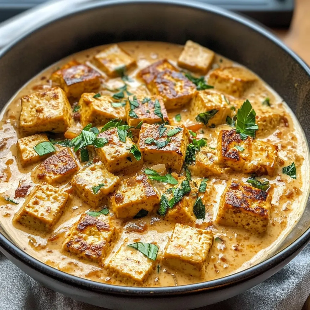 A bowl of food with tofu cubes.