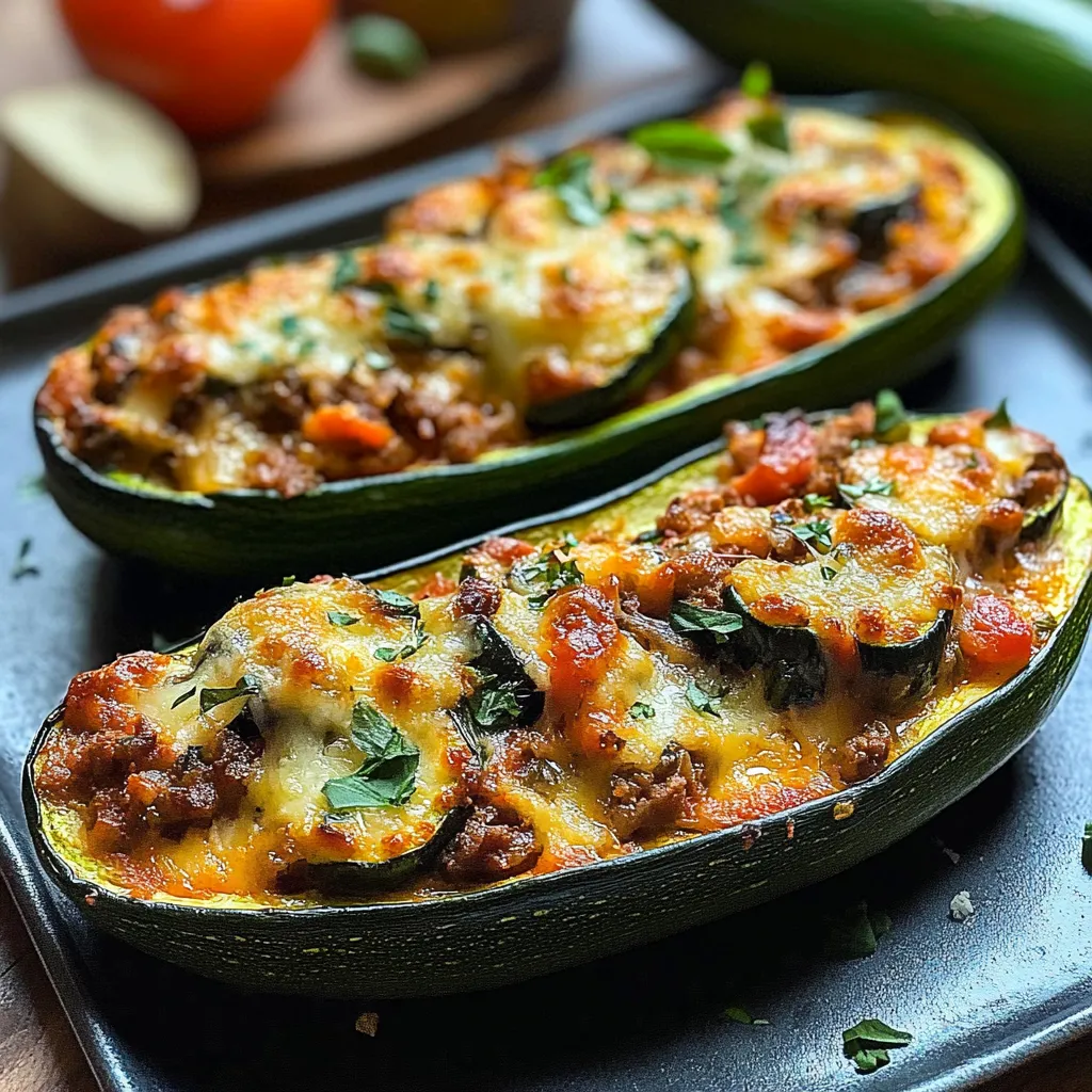 Two zucchini boats filled with meat and cheese.