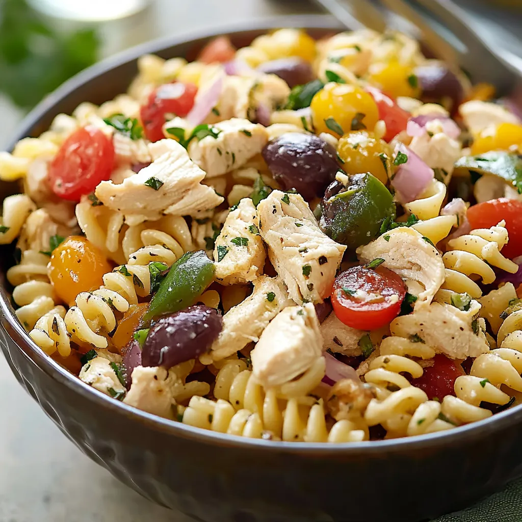 A bowl of pasta with chicken and vegetables.