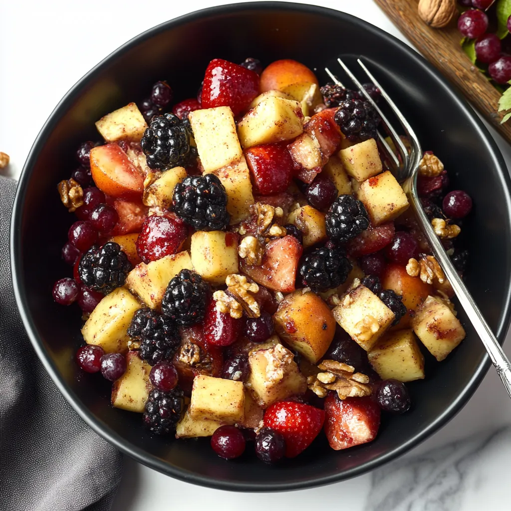 A bowl of fruit with a fork in it.